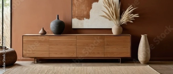 Fototapeta Stylish contemporary interior featuring a minimalist wooden sideboard with decorative vases and pampas grass. Warm, earthy tones create a modern and elegant aesthetic in a serene living space.