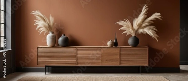 Fototapeta Stylish contemporary interior featuring a minimalist wooden sideboard with decorative vases and pampas grass. Warm, earthy tones create a modern and elegant aesthetic in a serene living space.