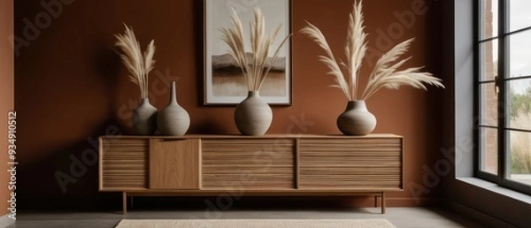 Fototapeta Stylish contemporary interior featuring a minimalist wooden sideboard with decorative vases and pampas grass. Warm, earthy tones create a modern and elegant aesthetic in a serene living space.