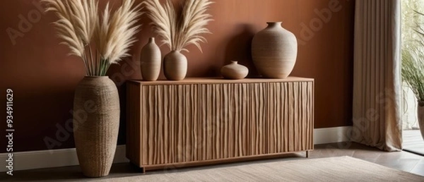 Fototapeta Stylish contemporary interior featuring a minimalist wooden sideboard with decorative vases and pampas grass. Warm, earthy tones create a modern and elegant aesthetic in a serene living space.
