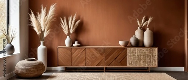 Fototapeta Stylish contemporary interior featuring a minimalist wooden sideboard with decorative vases and pampas grass. Warm, earthy tones create a modern and elegant aesthetic in a serene living space.