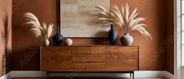 Fototapeta Stylish contemporary interior featuring a minimalist wooden sideboard with decorative vases and pampas grass. Warm, earthy tones create a modern and elegant aesthetic in a serene living space.
