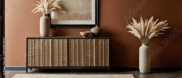 Fototapeta Stylish contemporary interior featuring a minimalist wooden sideboard with decorative vases and pampas grass. Warm, earthy tones create a modern and elegant aesthetic in a serene living space.