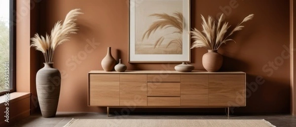 Fototapeta Stylish contemporary interior featuring a minimalist wooden sideboard with decorative vases and pampas grass. Warm, earthy tones create a modern and elegant aesthetic in a serene living space.