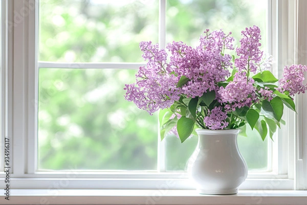 Obraz A beautiful bouquet of purple lilac flowers fills a vase with springtime blooms on a window