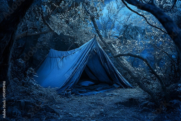 Obraz Tent Nestled Under the Luminous Full Moon in a Serene Forest Landscape