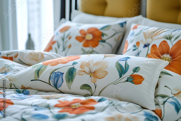 Obraz Bright floral bedding in a white light-filled bedroom .neatly made bed with floral bedding, featuring colorful flowers and fruit on a light  background