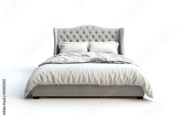 Obraz Modern Beige Upholstered Bed with soft pillows and White Bedding on white background