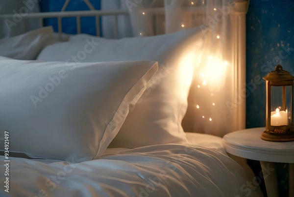 Obraz A cozy bedroom scene with white wrinkled bedding sheets and a fluffy pillow, ambient lighting sets a warm tone.