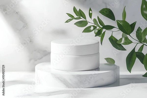 Obraz White jar of cream on a stand on a white background with tropical palm leaves and their shadow. Stylish look of the product,