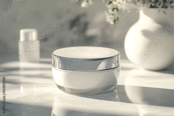 Obraz White jar of cosmetic cream Mock up. Cosmetic beauty product branding mockup casting shadow from window  are placed on a white surface and decorated with delicate flower 