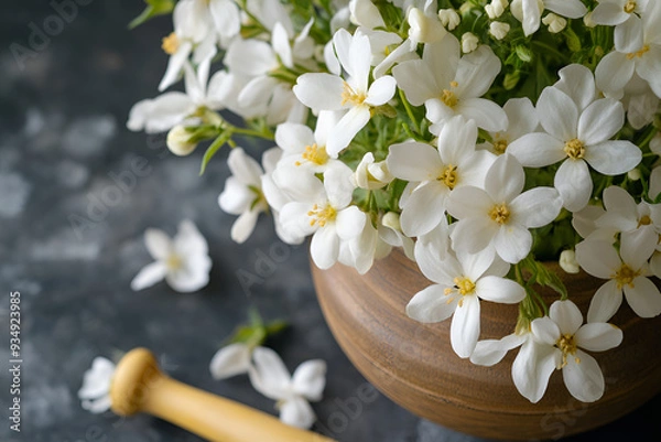 Obraz Bouquet of snowdrops white flowers with wooden bowl on a blurred gray background.