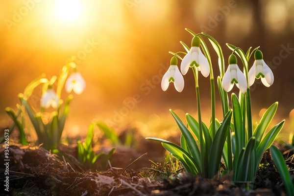 Obraz beautiful snowdrop flowers in morning sunlight spring .Snowdrop Flowers in Sunlight with a Golden Background