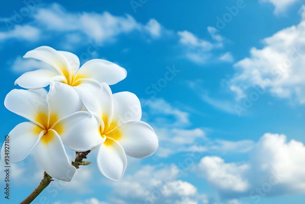 Obraz Beautiful close up of plumeria flower with clear blue sky under the sunlight for background