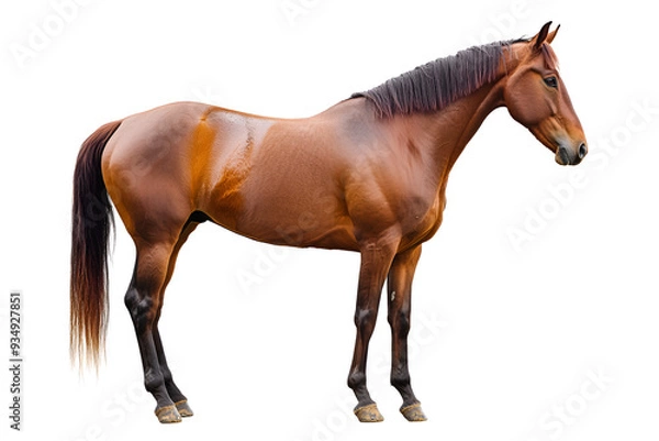 Obraz Horse with brown coat, standing in full length, isolated on a white background,