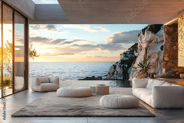 Obraz Villa beautiful home design and decor concept open view cozy contemporary living room area with natural sun light warm and cozy atmosphere home showcase design background