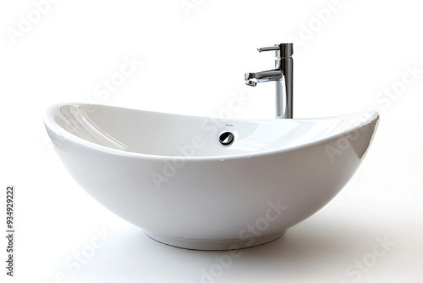 Obraz Modern white ceramic bathroom sink with sleek faucet. Perfect for contemporary home interiors, featuring a minimalist design.