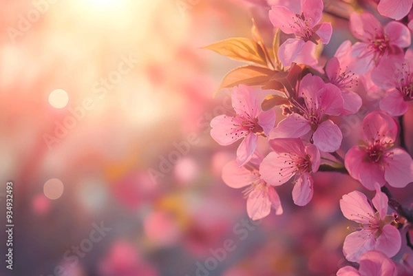 Obraz Spring border or background art with pink blossom Beautiful nature scene with blooming tree and sun flare Easter Sunny day Spring flowers Beautiful Orchard Abstract blurred background 