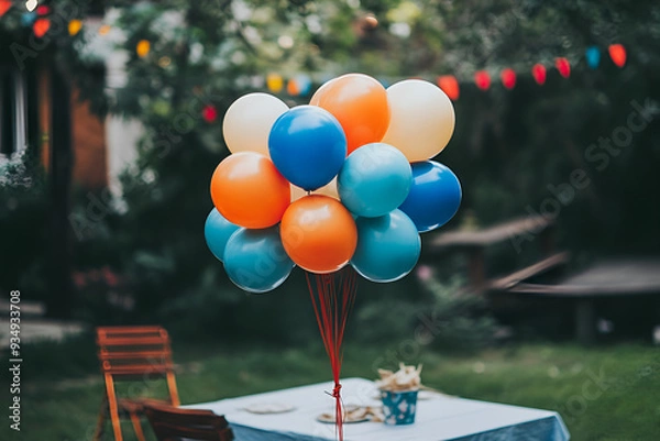 Obraz Festive backyard party setup with red, white, and blue balloons. Picnic table with checkered tablecloth under patriotic bunting in garden.