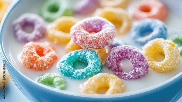 Fototapeta A bowl of colorful cereal with a bowl. The cereal is colorful and has a variety of flavors