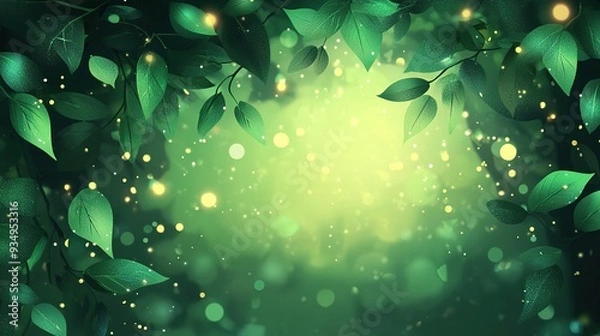 Obraz Enchanted Forest: A magical and ethereal backdrop of lush green leaves, glowing with warm, golden fireflies. 