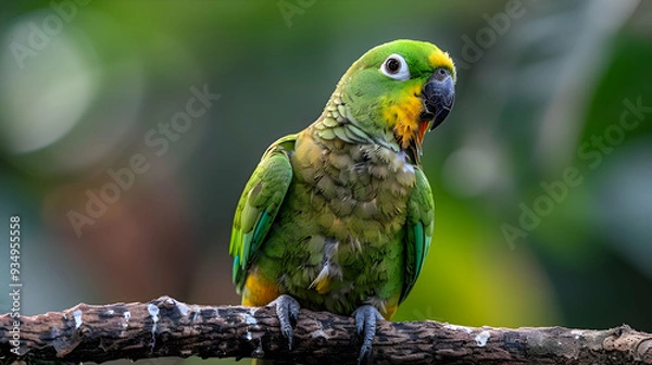 Fototapeta Amazon Yellow-chevroned Parakeet perched on a branch, its vibrant green and yellow feathers visible