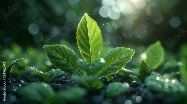 Fototapeta Fresh green leaves emerging among a bed of tiny plants, illuminated by soft sunlight in a tranquil forest setting