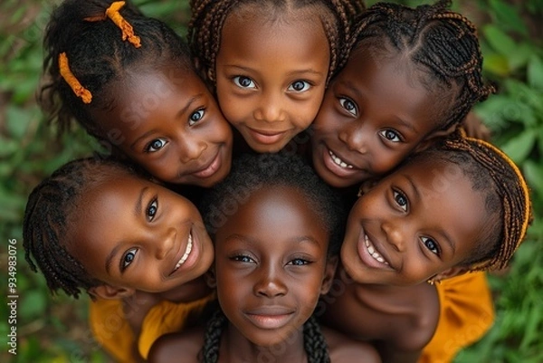 Fototapeta group of beautiful african girls looking up smiling. universal children's day.