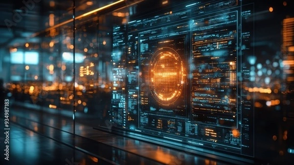 Obraz A futuristic digital interface featuring a glowing data display on a transparent screen, set in a high-tech, modern environment with bokeh lighting.