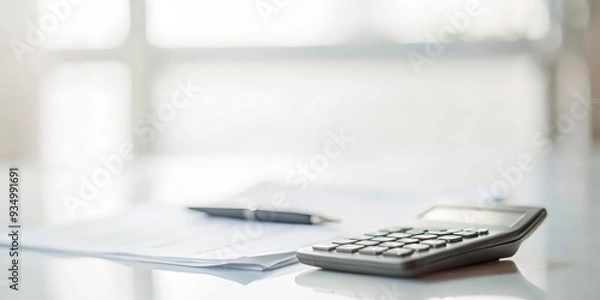Fototapeta Planning documents and calculator blurred in the background, focusing on expense planning.
