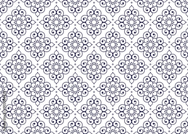 Fototapeta dark blue symbol floral on White background, ethnic fabric seamless pattern design for cloth, carpet, batik, wallpaper, wrapping etc.