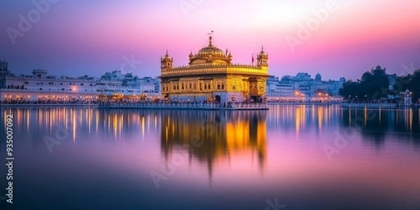 Fototapeta Majestic 3D Golden Temple: Abstract Artistic Representation of Shri Harmandir Sahib in Amritsar. Elegant Minimalist Design with Gradient Textures, Ideal for Cultural Marketing, UI Backgrounds, and Hig