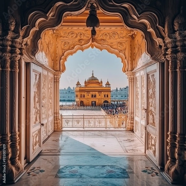 Fototapeta Majestic 3D Golden Temple: Abstract Artistic Representation of Shri Harmandir Sahib in Amritsar. Elegant Minimalist Design with Gradient Textures, Ideal for Cultural Marketing, UI Backgrounds, and Hig