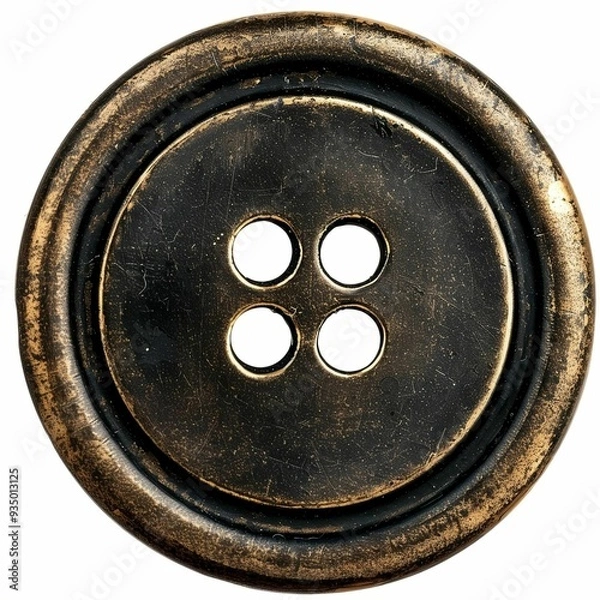Obraz Close-up detail of a rustic black wooden button with four holes. Revealing the natural wood grain texture and vintage look.