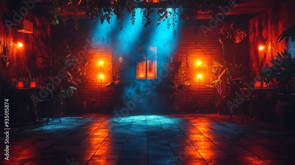 Fototapeta Spooky Halloween party with Gothic lighting and shadows