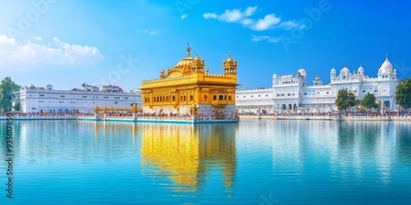 Fototapeta Abstract Sikh Pilgrims at Golden Temple: Minimalist Cultural Illustration of Amritsar's Sacred Pool. AI-Generated Design Featuring Elegant Gradients and Textures for Marketing, UI, and High-Resolution
