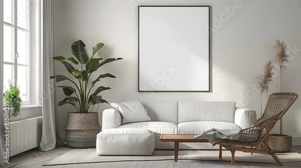 Fototapeta A modern interior scene featuring a mock-up poster frame, ideal for presenting artwork or photographs