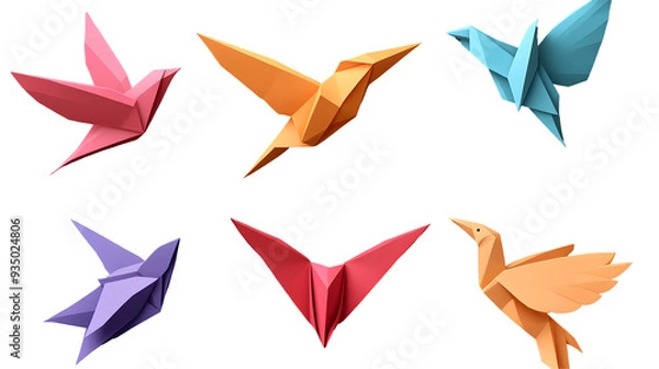 Fototapeta Set of origami birds isolated on a transparent background