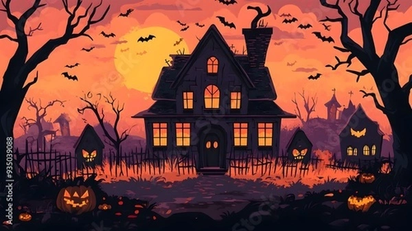 Obraz Bright and Playful Haunted House with Halloween Theme in Cartoon Style
