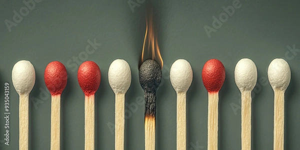 Obraz A set of five different-colored matches arranged in order from red to white, with a black match head on one end and a wooden stick at the other. Created with Ai