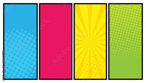 Obraz Comic book page divided by colorful equal box. comic background pop art style. blank halftone template. vector illustration