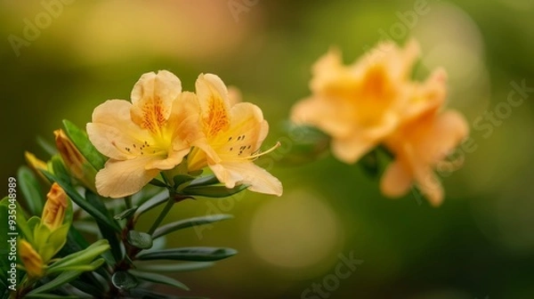 Fototapeta  A tight shot of a yellow bloom against a backdrop of out-of-focus green foliage