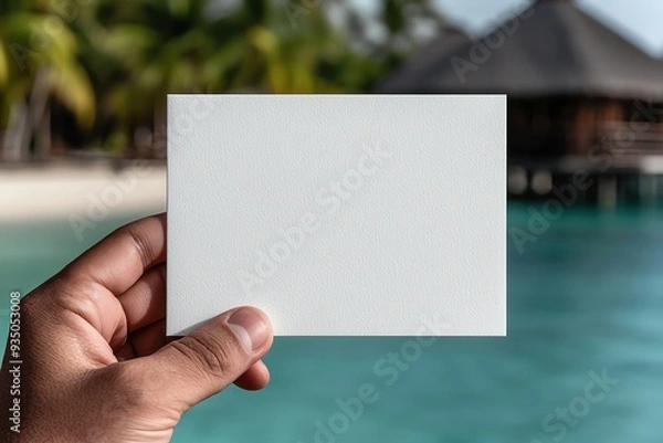 Fototapeta Blank postcard in a traveler's hand, exotic destination in the background