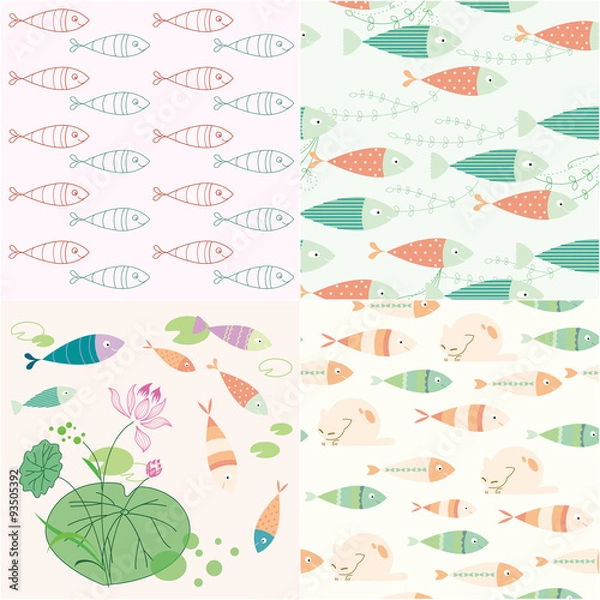 Obraz seamless cartoon fish and flower texture