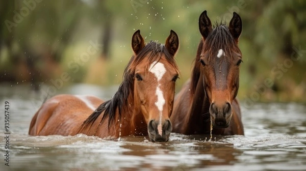 Obraz  Brown horses stand side by side atop tranquil water Background comprises trees