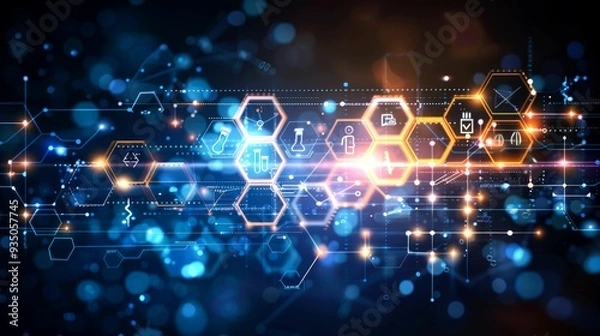 Obraz Abstract Digital Network with Medical Icons and Bokeh Lights