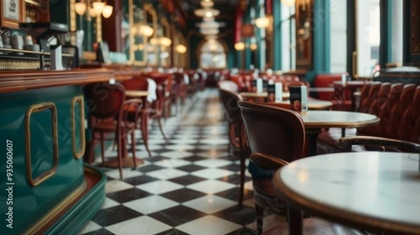 Fototapeta  A restaurant with a checkered floor, lined tables and chairs, and a bar boasting a checkerboard floor
