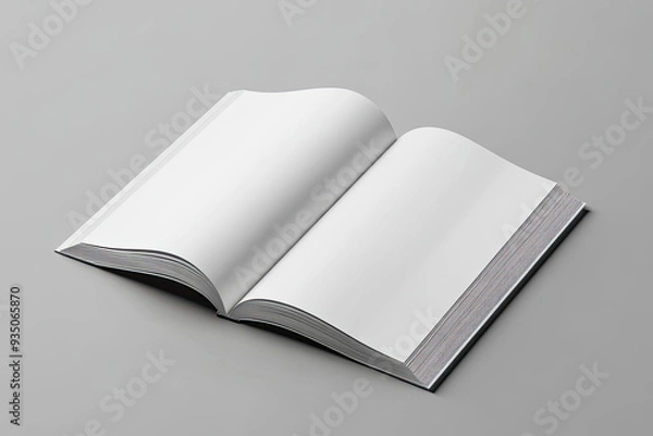 Fototapeta 3D rendering of an open white book with blank pages on a grey background, high-resolution photography. Created with Ai