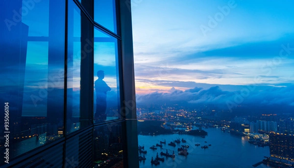 Obraz Successful businessman standing in office looking through window at big city buildings, planning new project in the evening