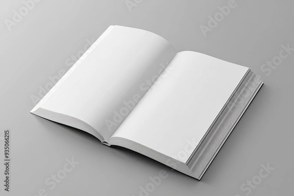 Obraz High-resolution mockup of an open white book with blank pages, standing on a gray background. Created with Ai